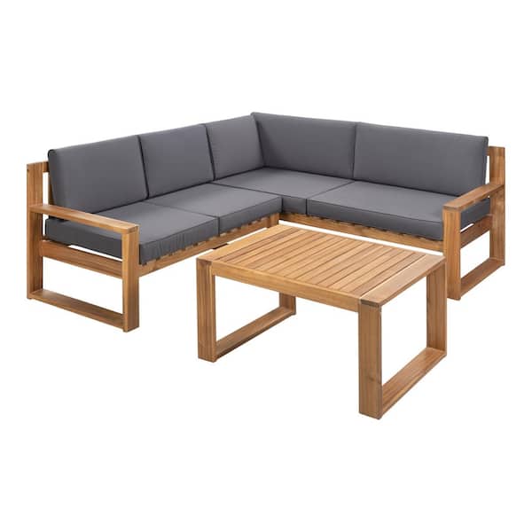 Willit 3-Piece Wood Patio Conversation Sectional Seating Set with Gray Cushions