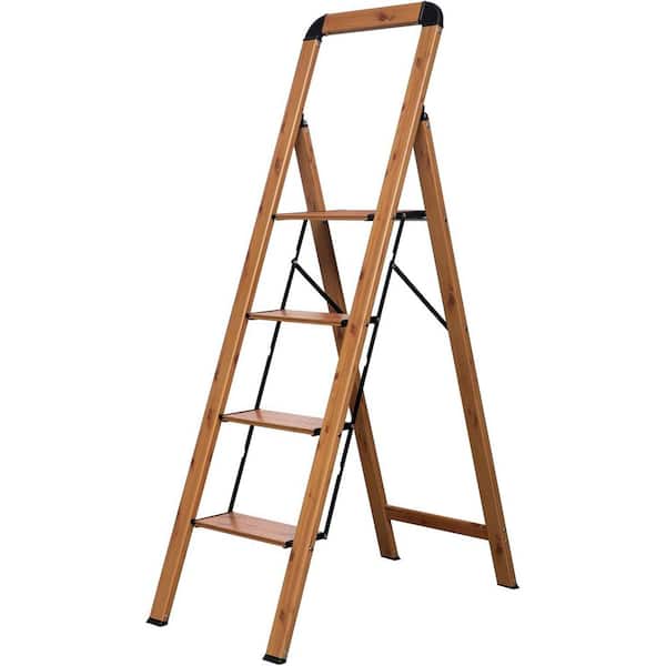 Woodgrain Finish Aluminum 4 Step Folding Step Ladder Wide Anti-Slip Portable Sturdy 330 lbs. Home Kitchen Reach 60 in. H