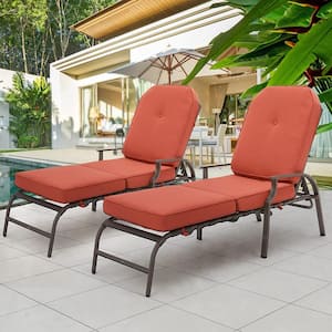 Dark Brown Adjustable Tufted Metal Outdoor Lounge Chair with Orange Cushion (2-Pack)