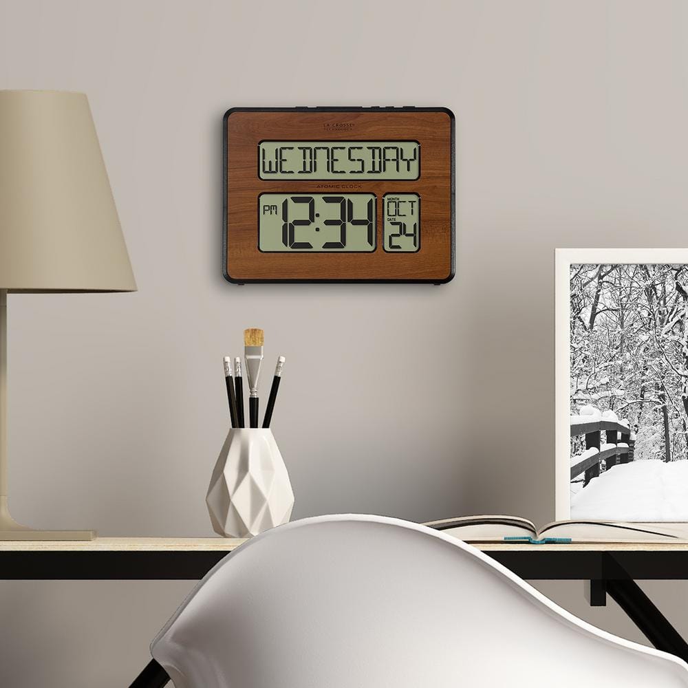 Walnut Atomic Digital Calendar Clock with Extra Large Digits