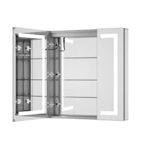 30 in. W x 32 in. H Rectangular Aluminum Medicine Cabinet with Mirror 3 Color Lights and Outlets, Recessed/Surface Mount