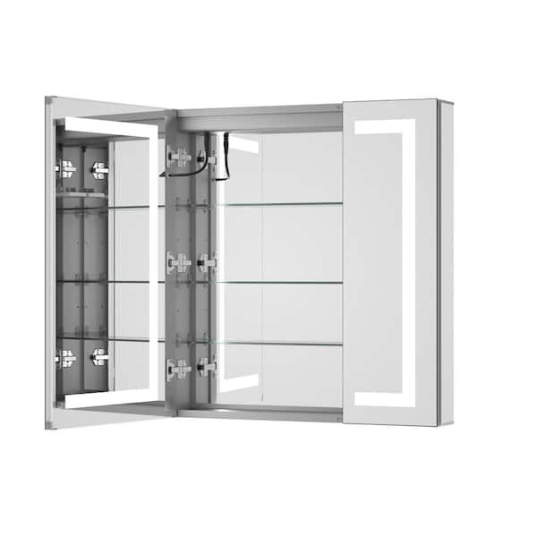 KeonJinn 30 in. W x 32 in. H Rectangular Aluminum Medicine Cabinet with Mirror 3 Color Lights and Outlets, Recessed/Surface Mount