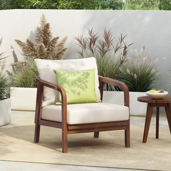 CHRISTOPHER KNIGHT HOME Tennyson Patio Solid Wood Outdoor Lounge Chair with Beige Cushions, Woven Backrest, Walnut