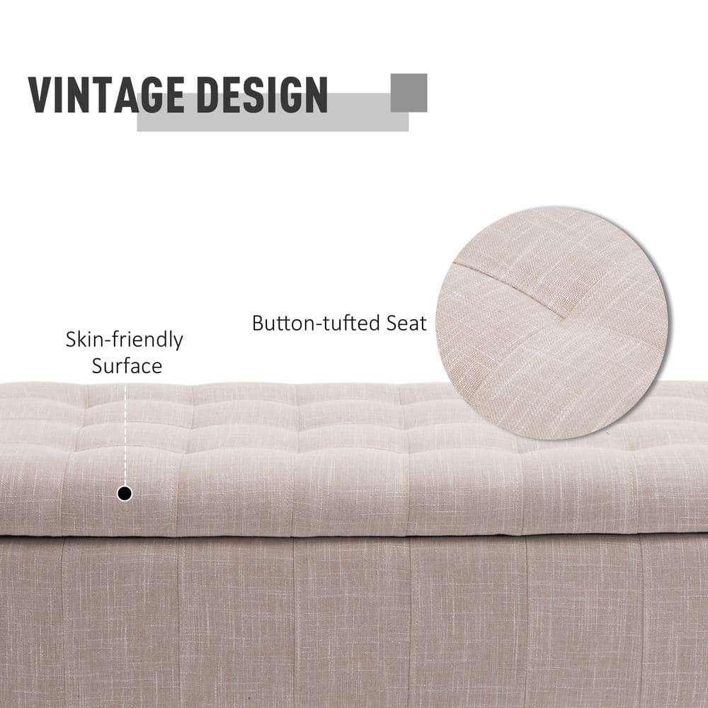 Beige Linen Tufted Storage Ottoman Bench with Hardwood Legs