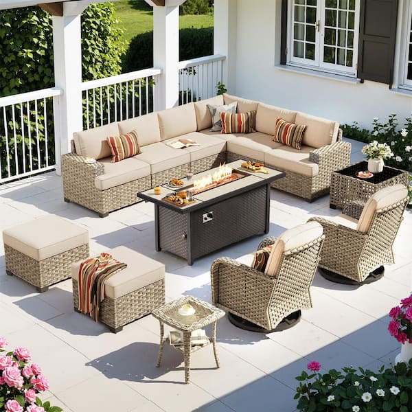 XIZZI Lumisole 13 Pieces Wicker Rectangular Fire Pit Sets and Swivel Rocking Chairs with Beige Cushion