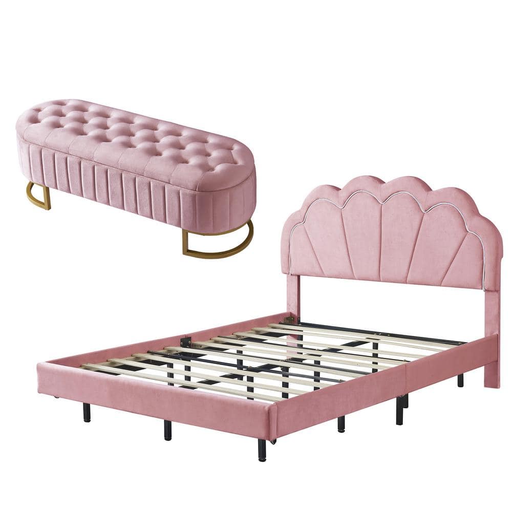 2-Piece Pink Full Wood Bedroom Set Velvet Upholstered LED Platform Bed ...