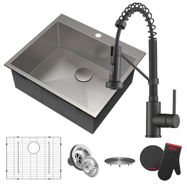 KRAUS Pax All-in-One Drop-In Stainless Steel 25 in. 1-Hole Single Bowl Kitchen Sink with Bolden Faucet in Matte Black