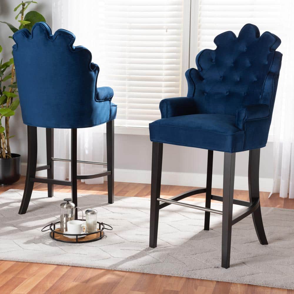Chloe Adjustable Navy Blue Velvet and Dark Brown Wood Bar Stool