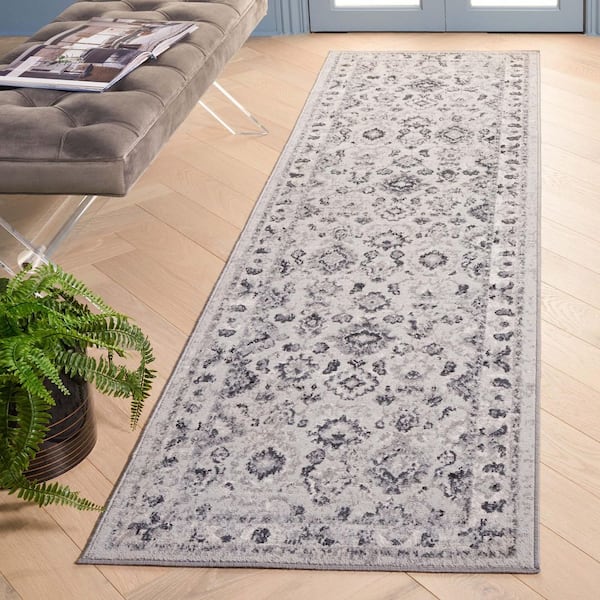 Odyssey 2 ft. x 8 ft. Gray/Black Floral Border Runner Rug