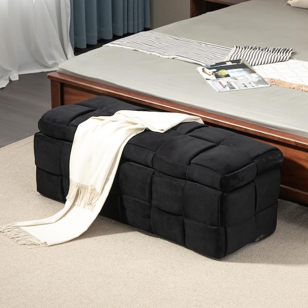 HOMEFUN Modern Long Entryway Black Velvet Bench with Storage Dining Table 2 Seating Upholstered End of Bed Bench Bedroom Bench
