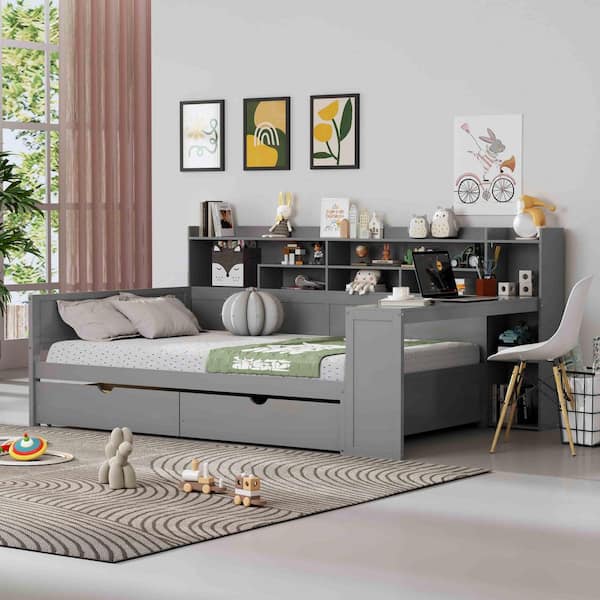 Gray Full Daybed with Storage Shelves, 2 Storage Drawers and Study Des