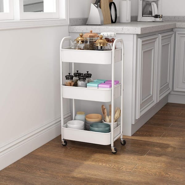 3-Tier Rolling Storage Cart With Flat Top, Heavy-Duty Metal Utility Organizer With Locking Wheels For Kitchen Office Dorm Living Room White
