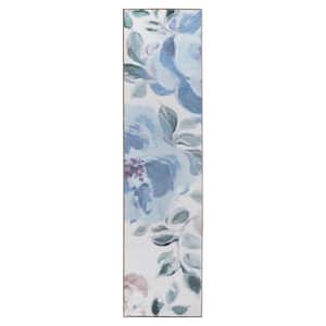 Sasha Cream Blue 2.5 ft. x 10 ft. Floral Washable Runner Rug