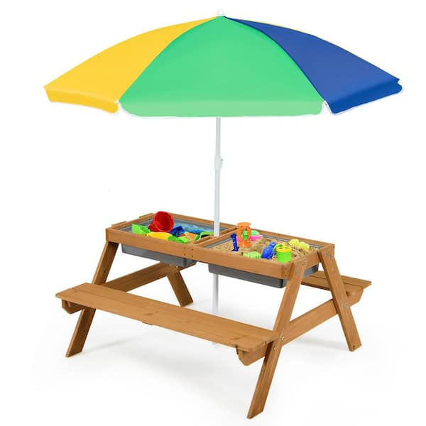 3-in-1 Kids Wooden Picnic Table Outdoor Sand and Water Table with Umbrella Play Boxes