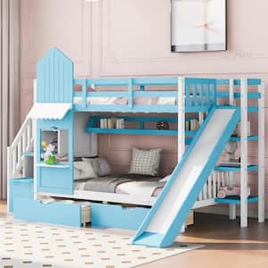 Blue Twin over Twin Castle Style Wood Bunk Bed with Storage Staircases, 2 Drawers, Shelves, and Slide