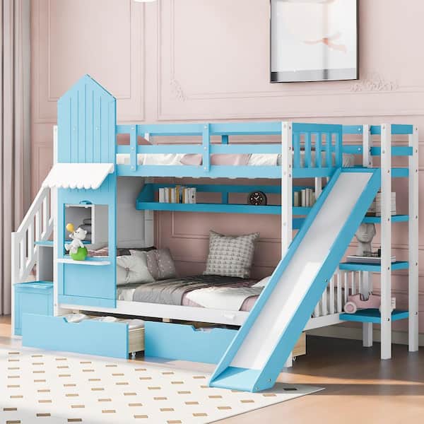 Harper & Bright Designs Blue Twin over Twin Castle Style Wood Bunk Bed with Storage Staircases, 2 Drawers, Shelves, and Slide