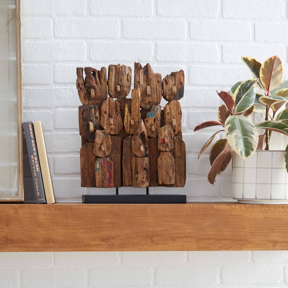 Brown Teak Wood Handmade Carved Abstract Sculpture with Faces