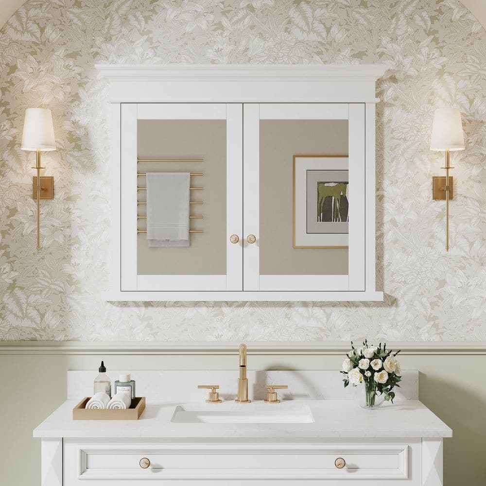 40.01 in. W x 32 in. H Recessed Mount Rectangular Wood Medicine Cabinet with Mirror and Double Door price history on PriceWatchPro