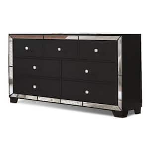 Black 7-Drawer Wood Frame Deluxe Dresser with Mirrored Trim