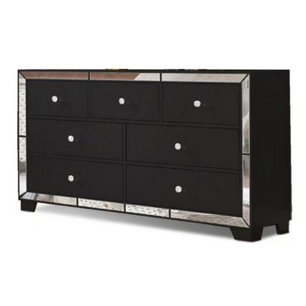Benjara Black 7-Drawer Wood Frame Deluxe Dresser with Mirrored Trim