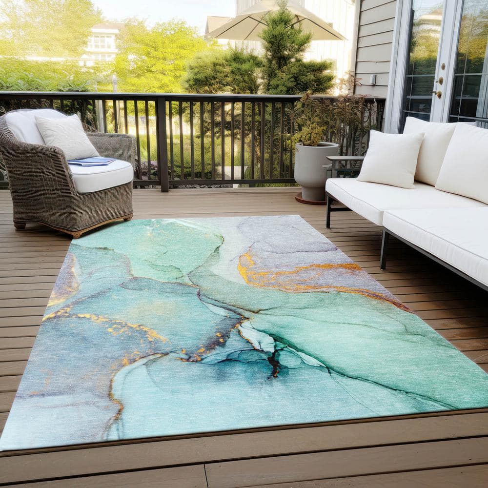 Teal and Gold 8' x 10' Washable Synthetic Area Rug