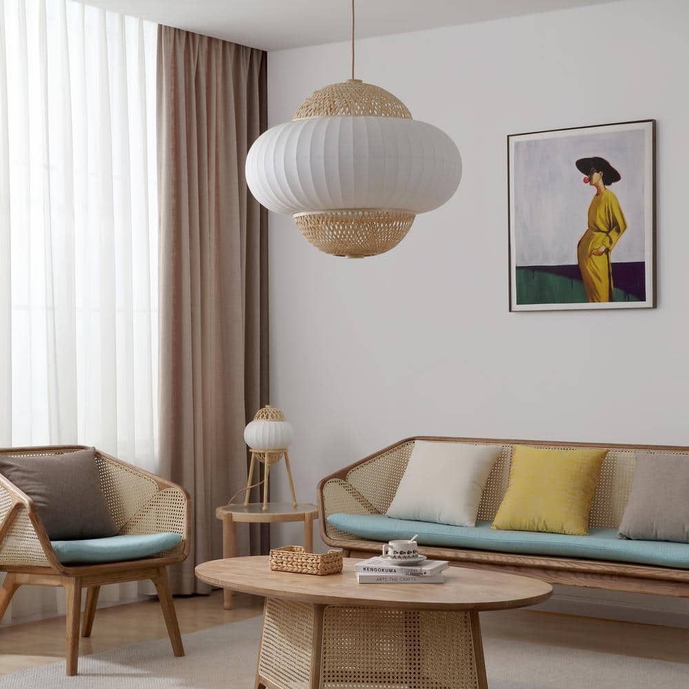 Large Bohemian Bamboo and Silk Pendant Light with Aluminum Body