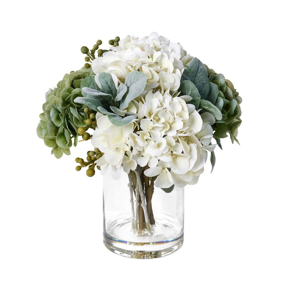 DR.Planzen 12in Faux Green Hydrangeas Fake Flowers Artificial Silk