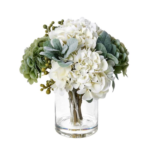 12in Faux Green Hydrangeas Fake Flowers Artificial Silk Hydrangea Flower With Vase for Home decor