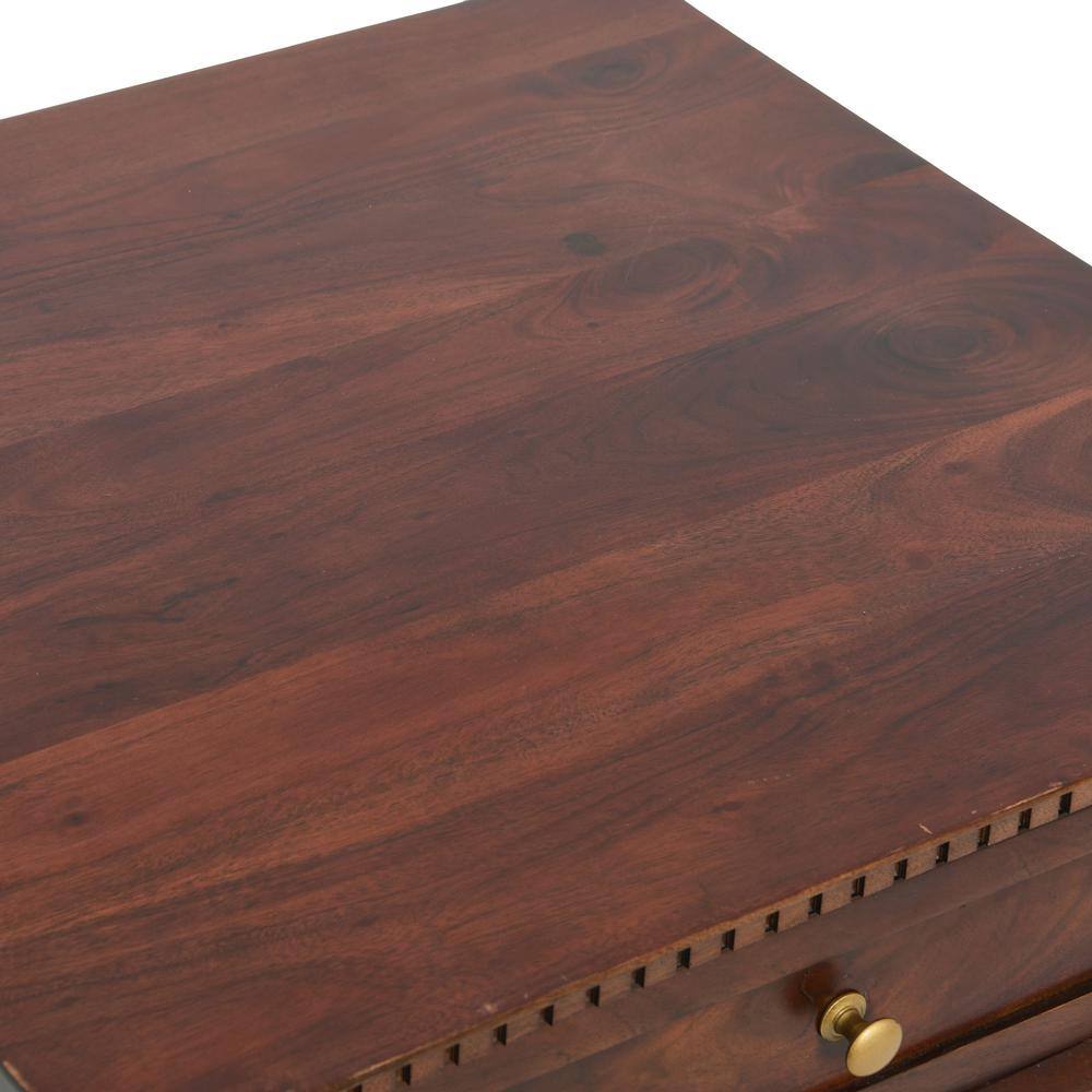 Dark Chestnut Solid Wood End Table with Cane Shelf and Drawer