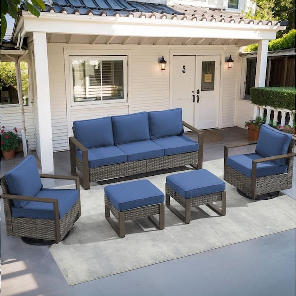 Gymojoy Allcot 5-Piece Gray Wicker Outdoor Sofa set Patio Conversation Set with Cushion Guard Blue Cushions