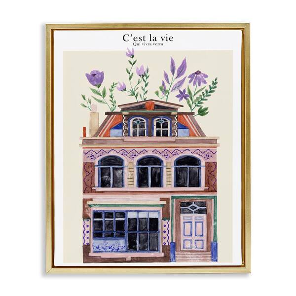 Stupell Industries Town Architecture with Blooms by Melissa Wang Gold Floater Frame Architecture Graphic Art Print 21 in. x 17 in.