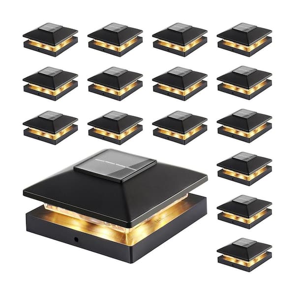 16-Pack Black Waterproof Solar Powered Deck Fence Post Cap Lights Fit 4 x 4 Wood Vinyl Posts Bright Warm White