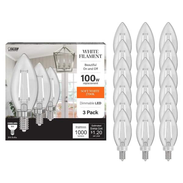 100-Watt Equivalent B10 E12 Candelabra Dimmable White Filament Clear Chandelier LED Light Bulb, Soft White 2700K 18-Pack