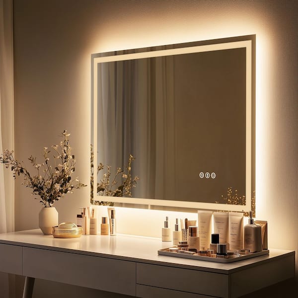 DurX-litecrete 36 in W x 48 in H Rectangular Frameless Wall Mount 3 Colors Dimmable Anti-fog LED Bathroom Vanity Mirror Memory