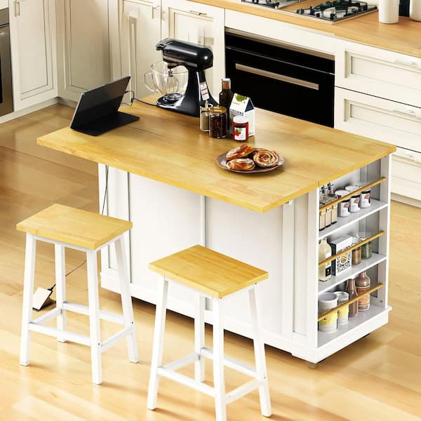 White Wood 48 in. Kitchen Island on Wheels with 2 Bar Stools, Power Outlet, Internal Storage Rack, Kitchen, Dining Room