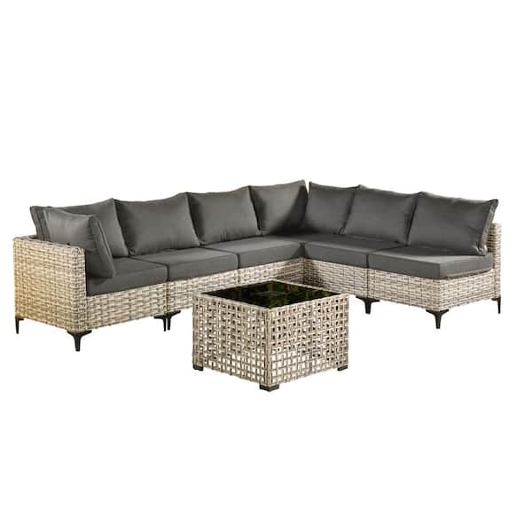 Holston 7-Piece Wicker Modern Outdoor Patio Conversation Sofa Sectional Set with a LED Table and Black Cushions