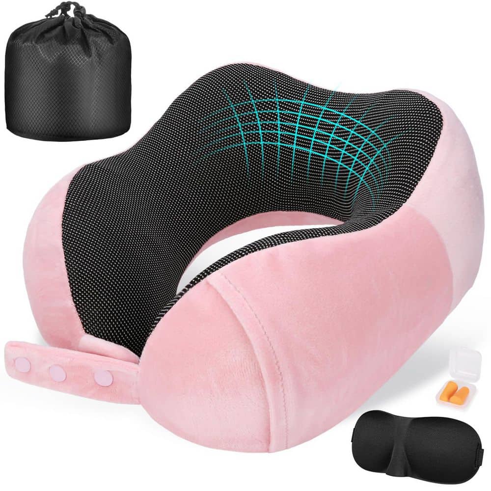 Numhew Pink Adjustable Memory Foam Travel Neck Pillow for Airplane