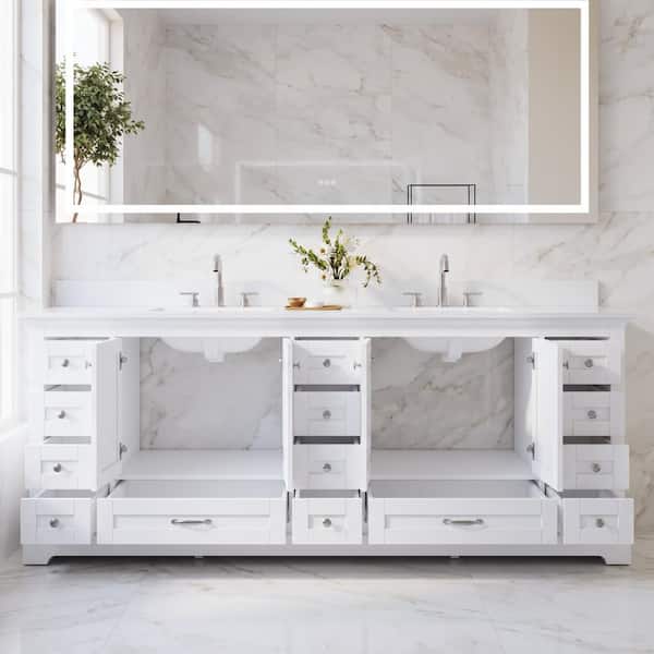 84 in. W Solid Wood Bath Vanity in White with White Cultured Marble Top, Double Sink, 14 Soft-Close Drawers, Assembled