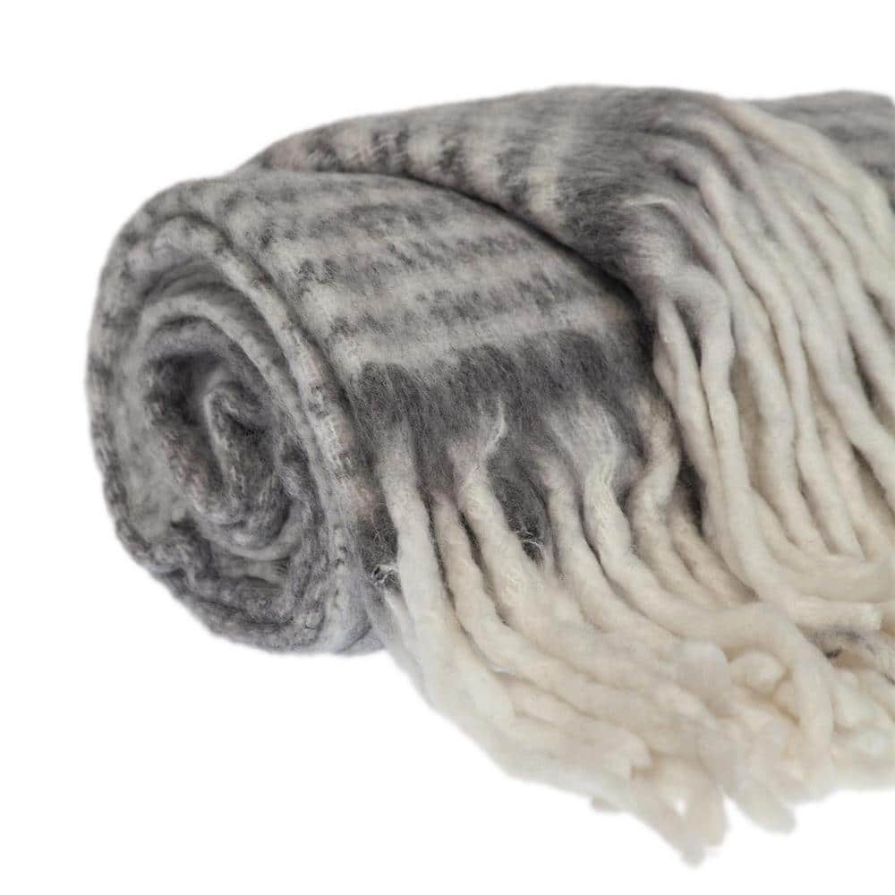 Gray and White Wool Handloom Throw Blanket, 52" x 67"