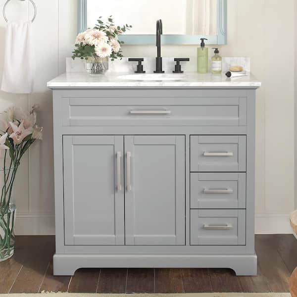 Aweyoto Washington 36 in. W x 21.5 in. D x 35 in. H Single Sink Freestanding Bath Vanity in Gray with White Carrara Marble Top