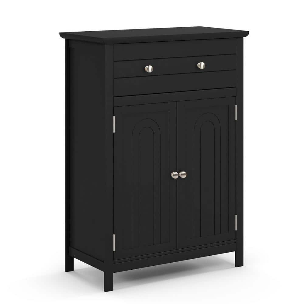 Gymax Black Bathroom Floor Cabinet Wooden Storage Organizer with Drawer ...