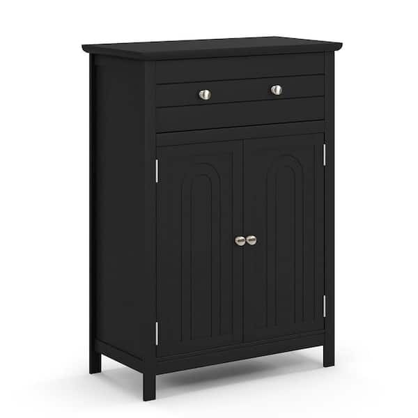 Gymax Black Bathroom Floor Cabinet Wooden Storage Organizer with Drawer and Doors