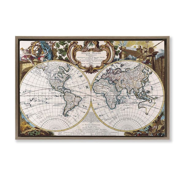 Stupell Industries Classic Inspired World Map by Chris Donovan Brown Floater Frame Typography Graphic Art Print 21 in. x 31 in.