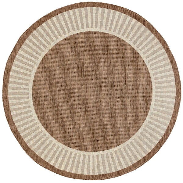Tayse Rugs Eco Striped Border Brown 6 ft. Round Indoor/Outdoor Area Rug
