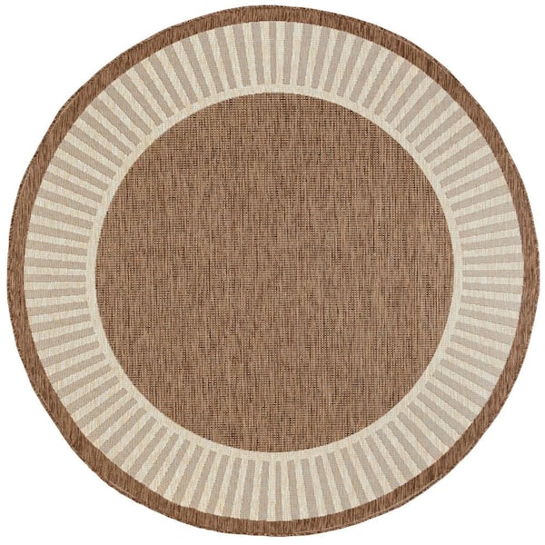 Eco Striped Border Brown 6 ft. Round Indoor/Outdoor Area Rug