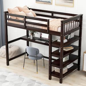 Modern Espresso(Brown) Wood Frame Twin Size Loft Bed with Under-Bed Desk, Storage Shelves and Built-in Ladder