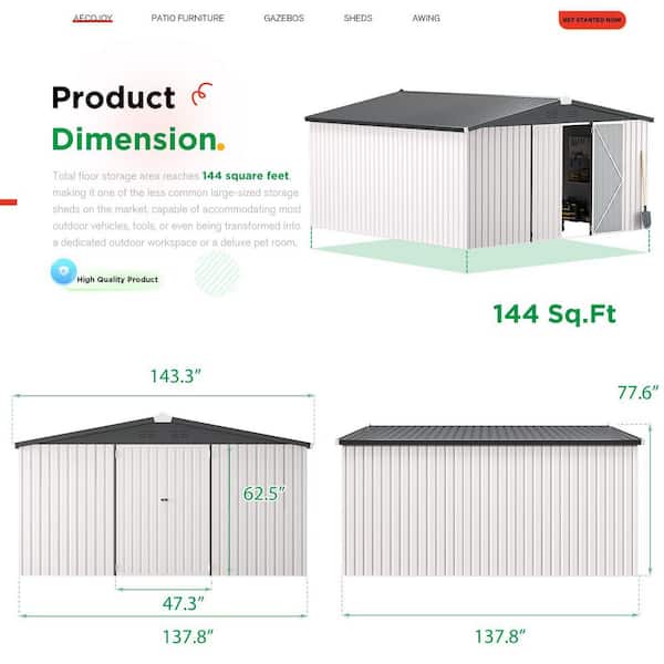 AECOJOY 12 ft. W x 12 ft. D Metal Shed with Double Lockable Door
