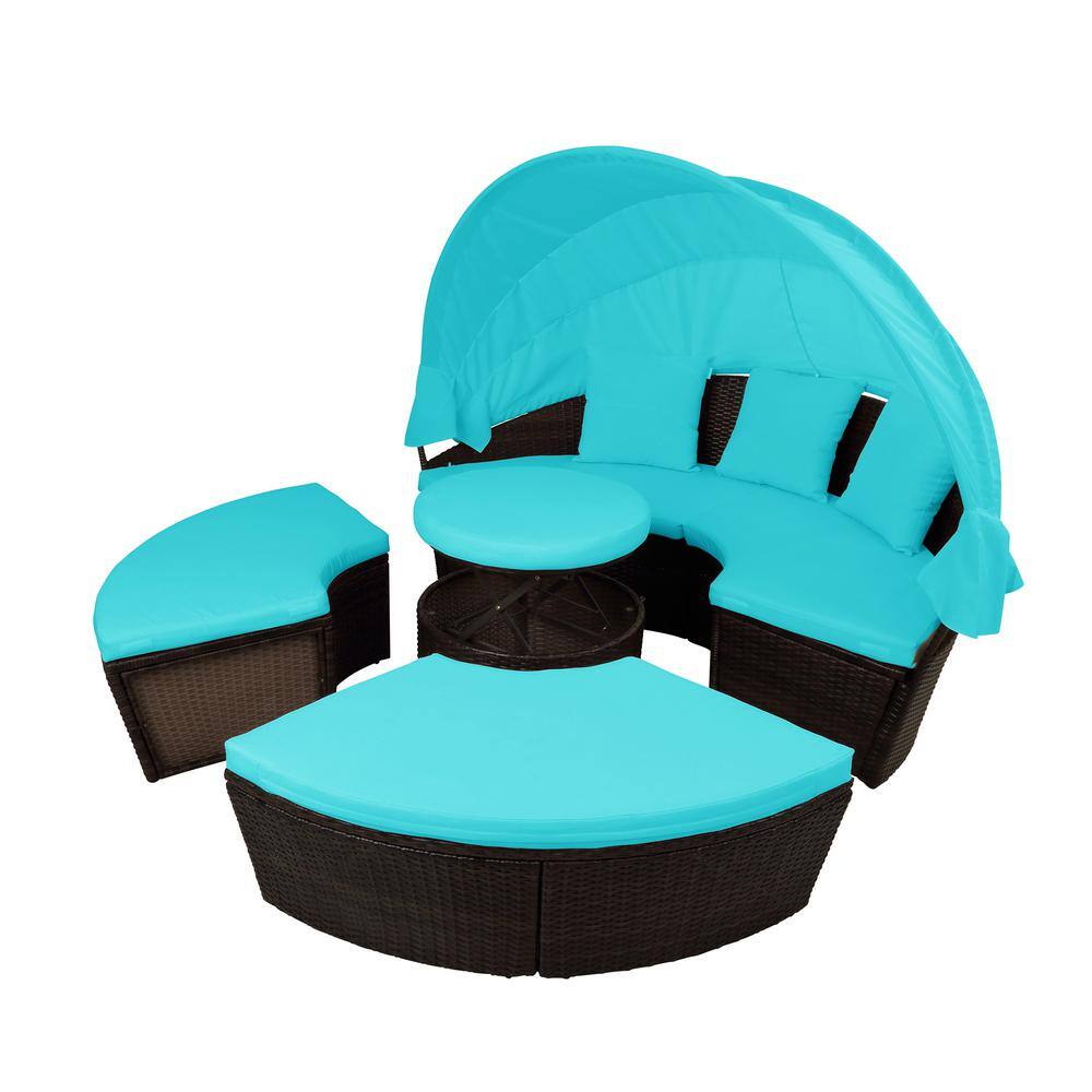 Tunearary Brown Wood Outdoor Day Bed Sofa Chaise Lounge with White Cushions HGWSH000086AAC