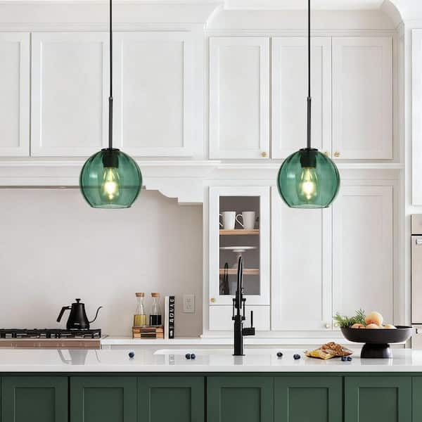 Rayhome 7.87 in. 1-Light Modern Dark Green Pendant Hanging Light with Globe Ribbed Glass for Kitchen Island Dining Room