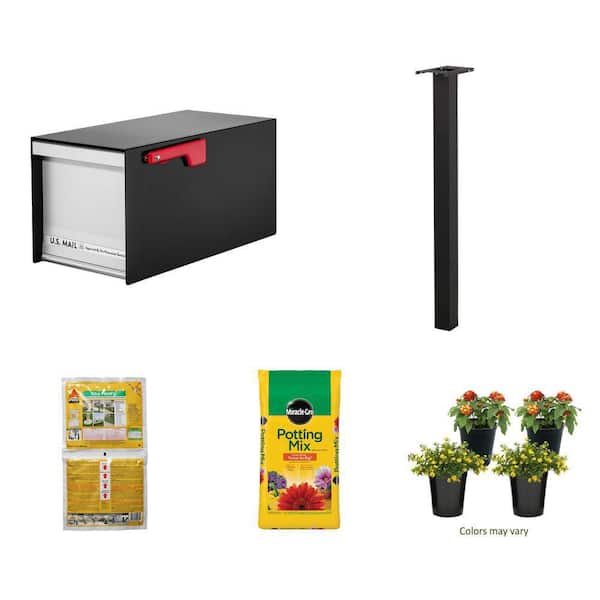 MailMax Large Post-Mount Mailbox, Brighton Black Post, 2 lb. Post Mix, 50 qt. Potting Mix and Lantana, 4-Pack
